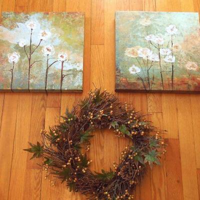 Lot 84: Two Floral Canvas Paintings and a Wreath