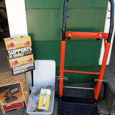 Lot 275: Hand Truck, Orbital Sander, Sawbucks and Hardware