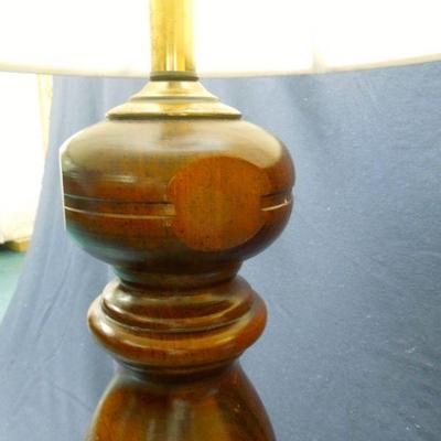 Lot 18: Pair of Wood Based Lamps with Cloth Shades