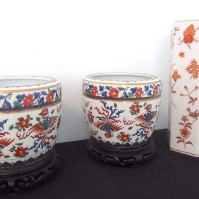 Lot 211: Asian Porcelain: Decorative Planters w/Bases and Hexagonal Japan Vase