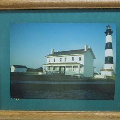 Lot 21: Two Lighthouse Framed Photographs, Brass Sailboat and Shells