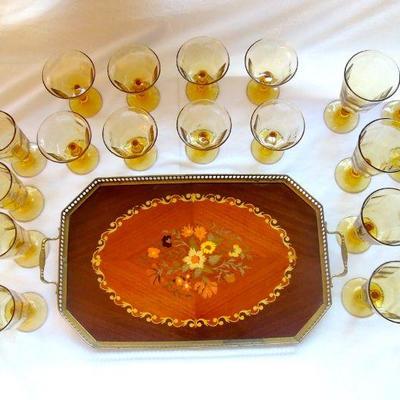 Lot 174: Inlaid Rosewood Serving Tray and Glassware