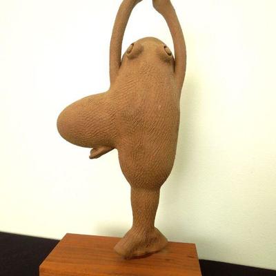 Lot 218: Terracotta Dancing Frog Statue on Wood Base by Verdelle Gray