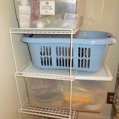 Lot 273: Stacking Shelves, Bins, Bathroom Scales, Lightbulbs and Paper Goods
