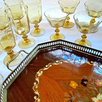 Lot 174: Inlaid Rosewood Serving Tray and Glassware