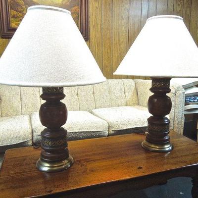 Lot 53: Pair of Wood and Brass Table Lamps