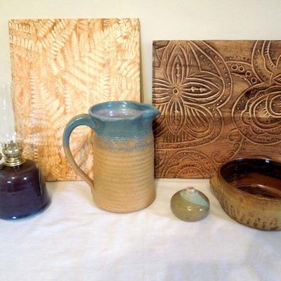 Lot 151: Carved Wood Boards and Local Pottery