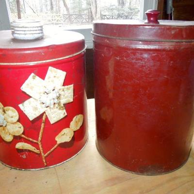 Lot 246: Antique Iron Sheller and Vintage tin Canisters