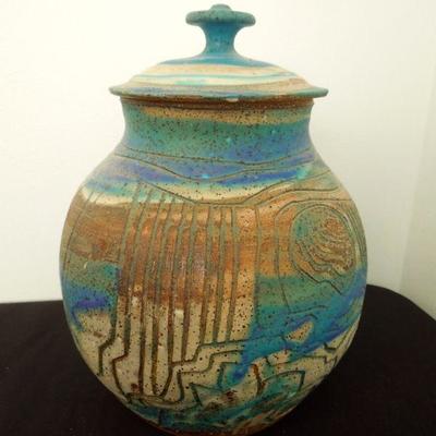 Lot 219: Charles Counts Vintage Art Studio Pottery Scored Covered Vessel 