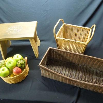 Lot 12: White Oak Bench and Wood Longaberger Basket