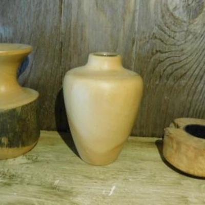 Three Pieces of Turned Wood Art Vases Signed