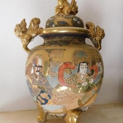 Ceramic Cloisonne  Incense Jar with Foo Dog Accent 10
