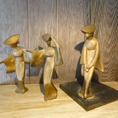 Set of Three Solid Brass Geisha Figurines With One Mounted on Natural Stone 7