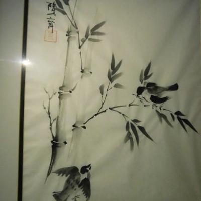 Framed Asian Art Birds in Bamboo Branch 22