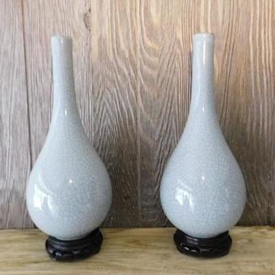Set of Post Modern Crackle Glaze Ceramic Vases on Stands