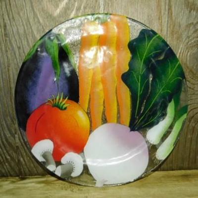 Signed Genesis Art Glass Plate w/ Colorful Vegetables 11