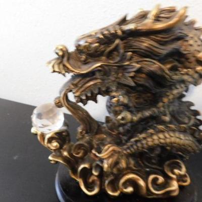 Asian Brass Dragon on Wood Base Holding Crystal Ball 7