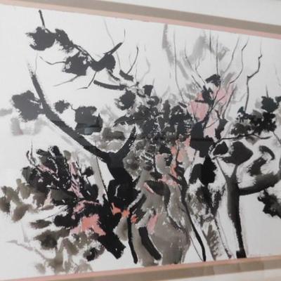 Asian Influenced Blossomed Tree Branches by Evelyn Keis Signed Twice 1982
