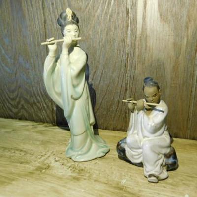 Set Asian Mudmen and Geisha Porcelain Figurines Playing Bamboo Flute