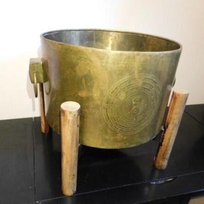 Large Brass Bucket or Planter on Teak Wood Stand 15