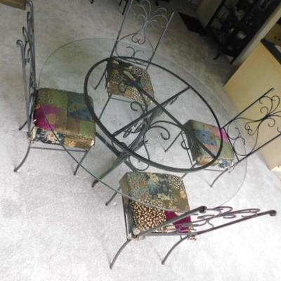 Heavy Metal Wrought Iron Table and Four Chairs with Glass Top 60