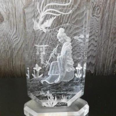 Vintage Etched Lucite Japanese Maiden In Garden with Flute 9