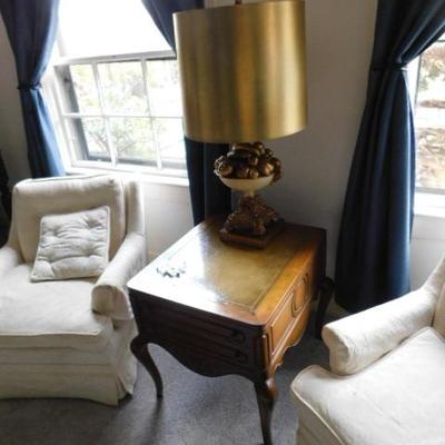 Set of Two Cushioned Chairs with Florentine Lamp and Queen Anne Side Table