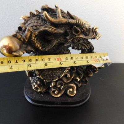 Asian Brass Dragon on Wood Base Holding Crystal Ball 7