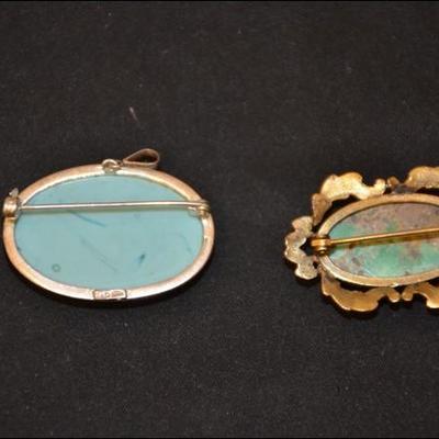 three pairs of turquoise dangle earrings, one is in a 14K gold setting