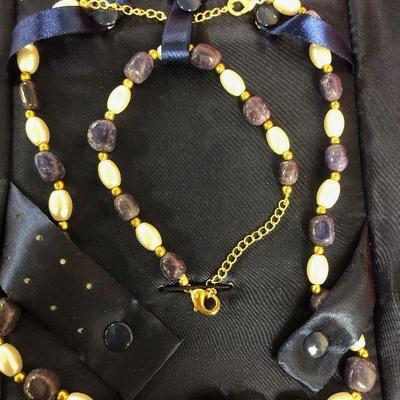 Lot 57 - Stauer - choker and bracelet - purple and pearl stones