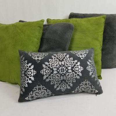 5pc Couch Pillows - 4 Squares (2 Green, 2 Gray) 1 Rectangle (Gray/Silver)