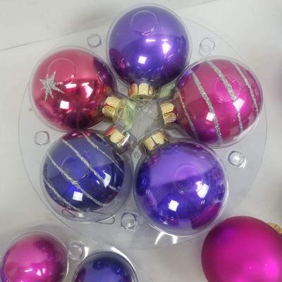 Christmas Tree Ornaments, 32 Pinks & Purples in clear Container