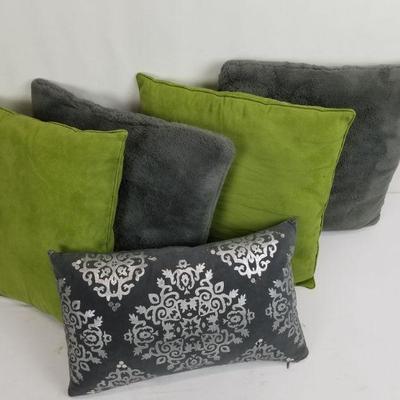 5pc Couch Pillows - 4 Squares (2 Green, 2 Gray) 1 Rectangle (Gray/Silver)