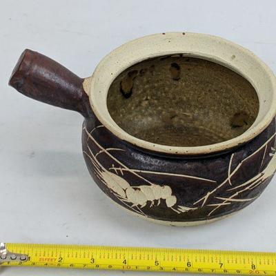 Vintage Ceramic Pot, Brown & Cream, Handmade/Carved