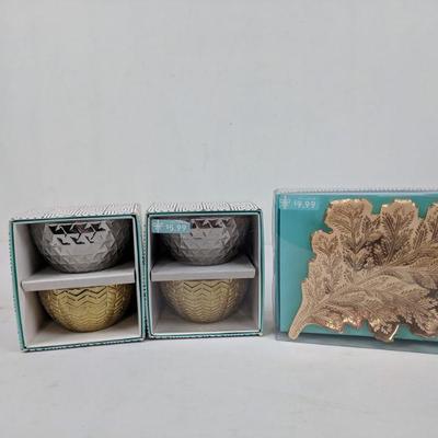 Set of 4 Mini Bowls (Silver & Gold Finish), Gold Leaf Decorative Dish
