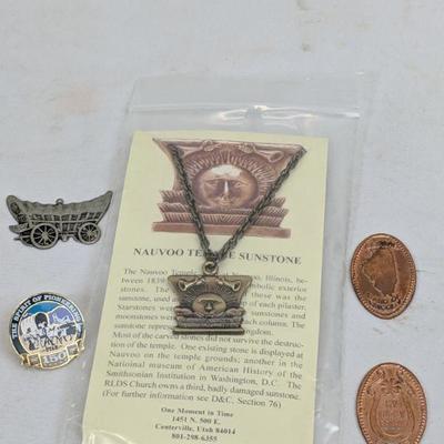 Little Trinkets, Pioneer Pins , Nauvoo Temple Sunstone, 4 Squished Pennies