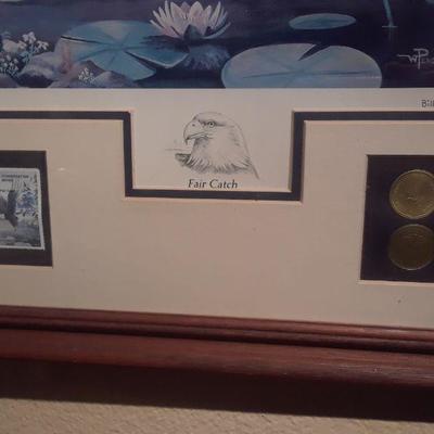 ORIGINAL LIMITED EDITION BALD EAGLE  PRINT W/STAMP & 2 GOLD COINS  NUMBERED 