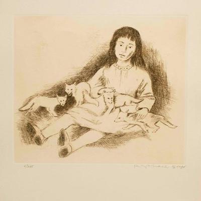 Moses Soyer, Girls with Foxes, Circa 1968