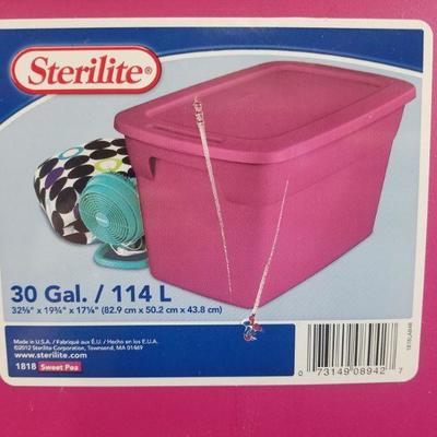 3 Storage Bins with Cracks. Blue 35 Gallons, Pink 30 gallons, Clear 90 ct