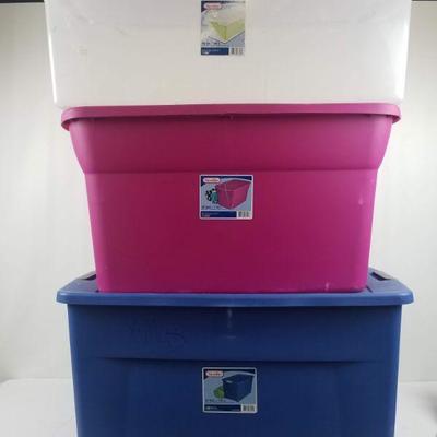 3 Storage Bins with Cracks. Blue 35 Gallons, Pink 30 gallons, Clear 90 ct
