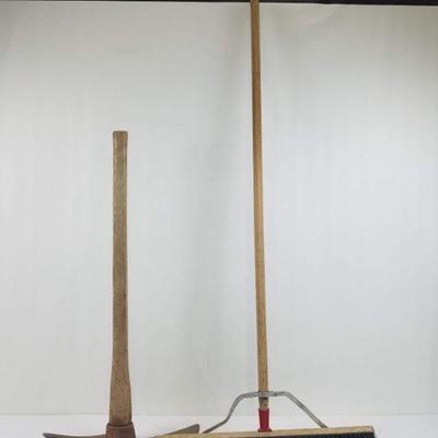 2 Long Handle Tools: Push Broom & Pick-Axe