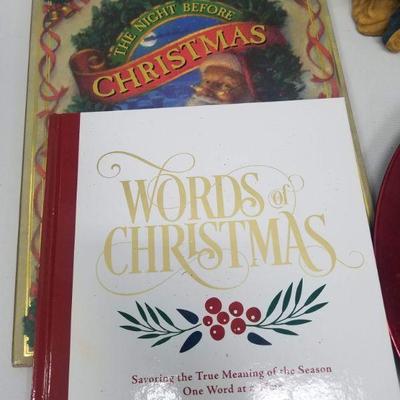 Misc Christmas Decor: 2 Books, Wooden Sleigh, Ornaments, Tree Topper, etc