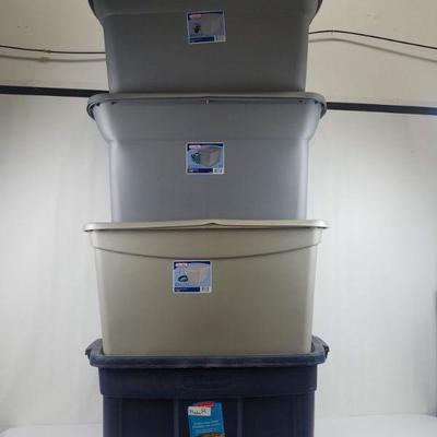 4 Storage Totes with Lids: Navy, Brown, 2 Gray. 31 & 30 gallons