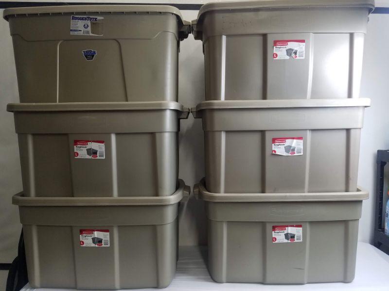6 Brown Storage Totes with Lids Rubbermaid Roughneck 31 Gallons Each