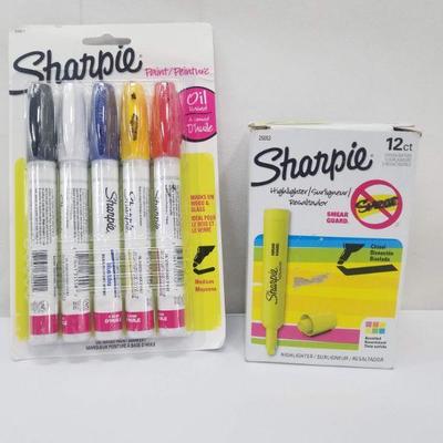 Sharpie Lot: 5 Oil Based Paint Markers & 12 Chisel Highlighters - New