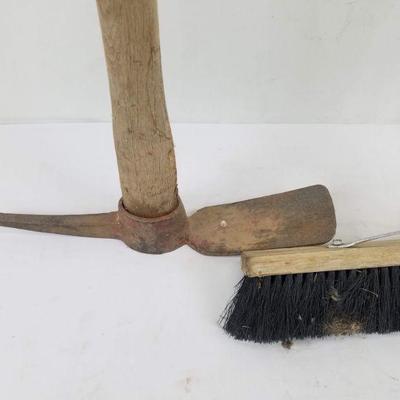 2 Long Handle Tools: Push Broom & Pick-Axe