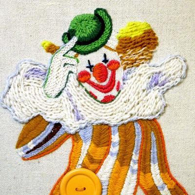 Vintage Wool Needlepoint Art Work Clown with Umbrella Folk Art - A 036