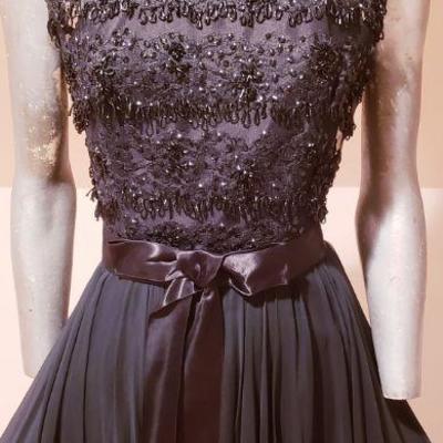 Vtg 1950's Beaded illusion chiffon pleated flare dress Elissa of California