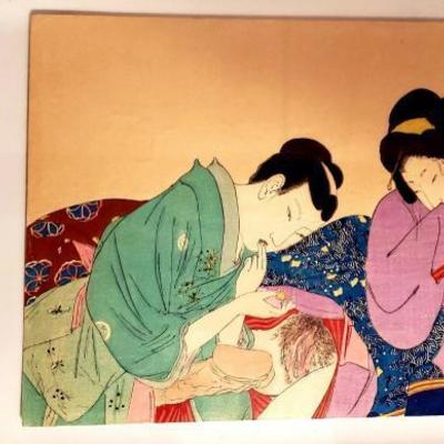 Antique Japanese Shunga Erotic woodblock print Preparing for Love