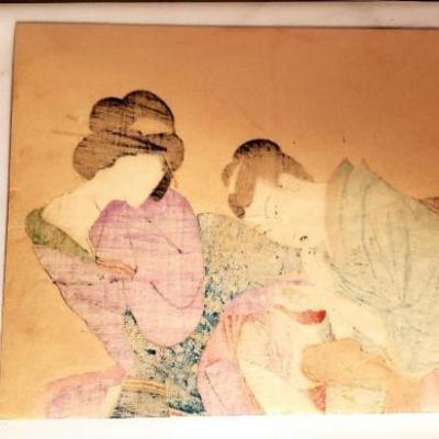 Antique Japanese Shunga Erotic woodblock print Preparing for Love